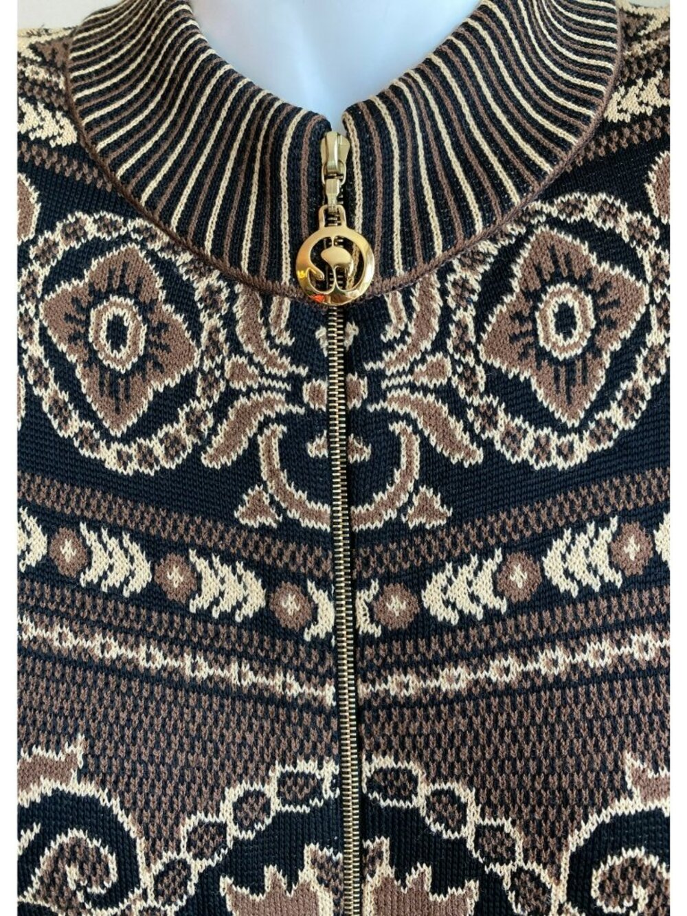 St John Sport Long Sleeve Cardigan Full Zip Brown Black Ikat Print Medium - Picture 2 of 8